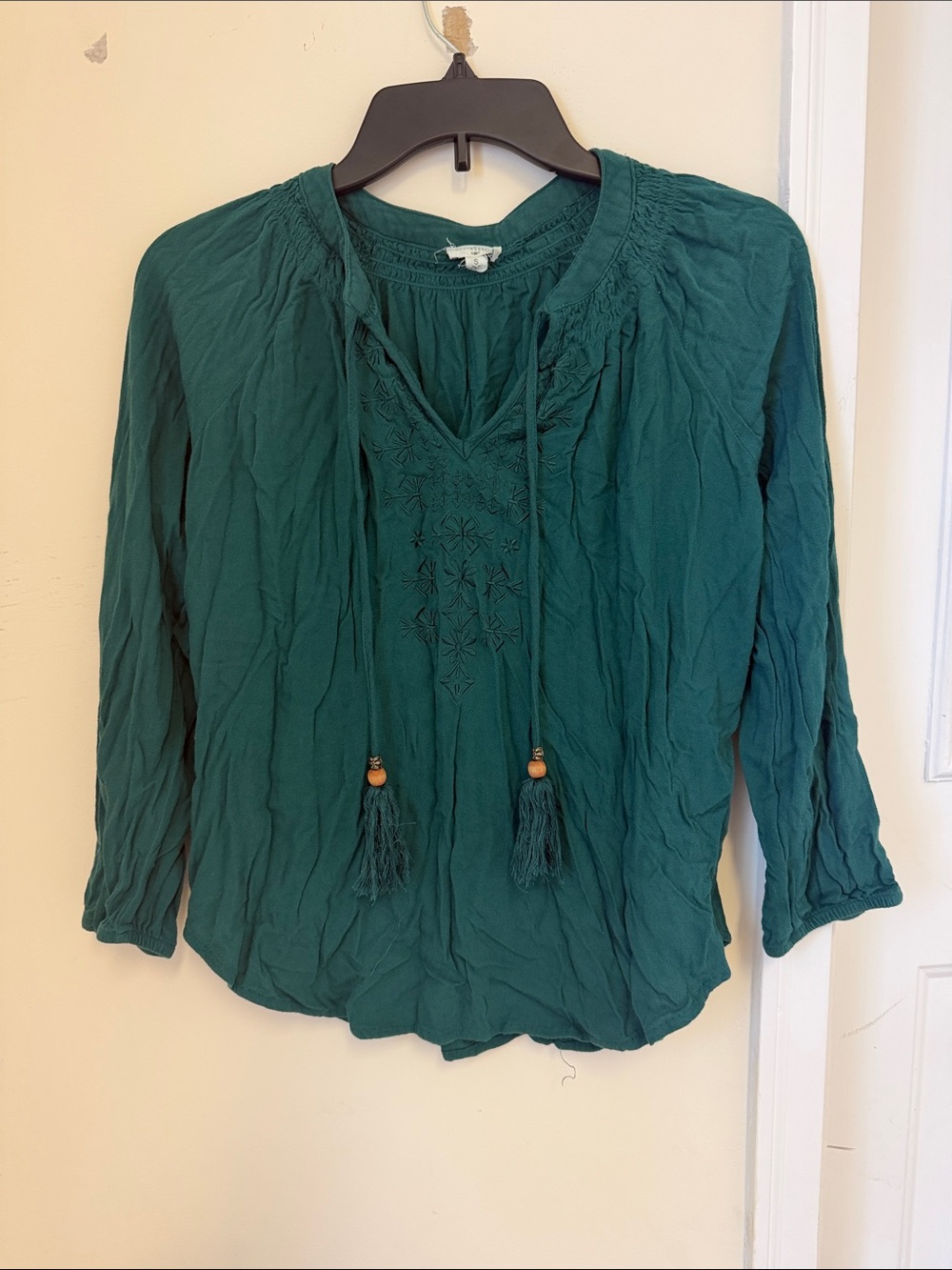Teal Embroidered Tie-Front Peasant Blouse